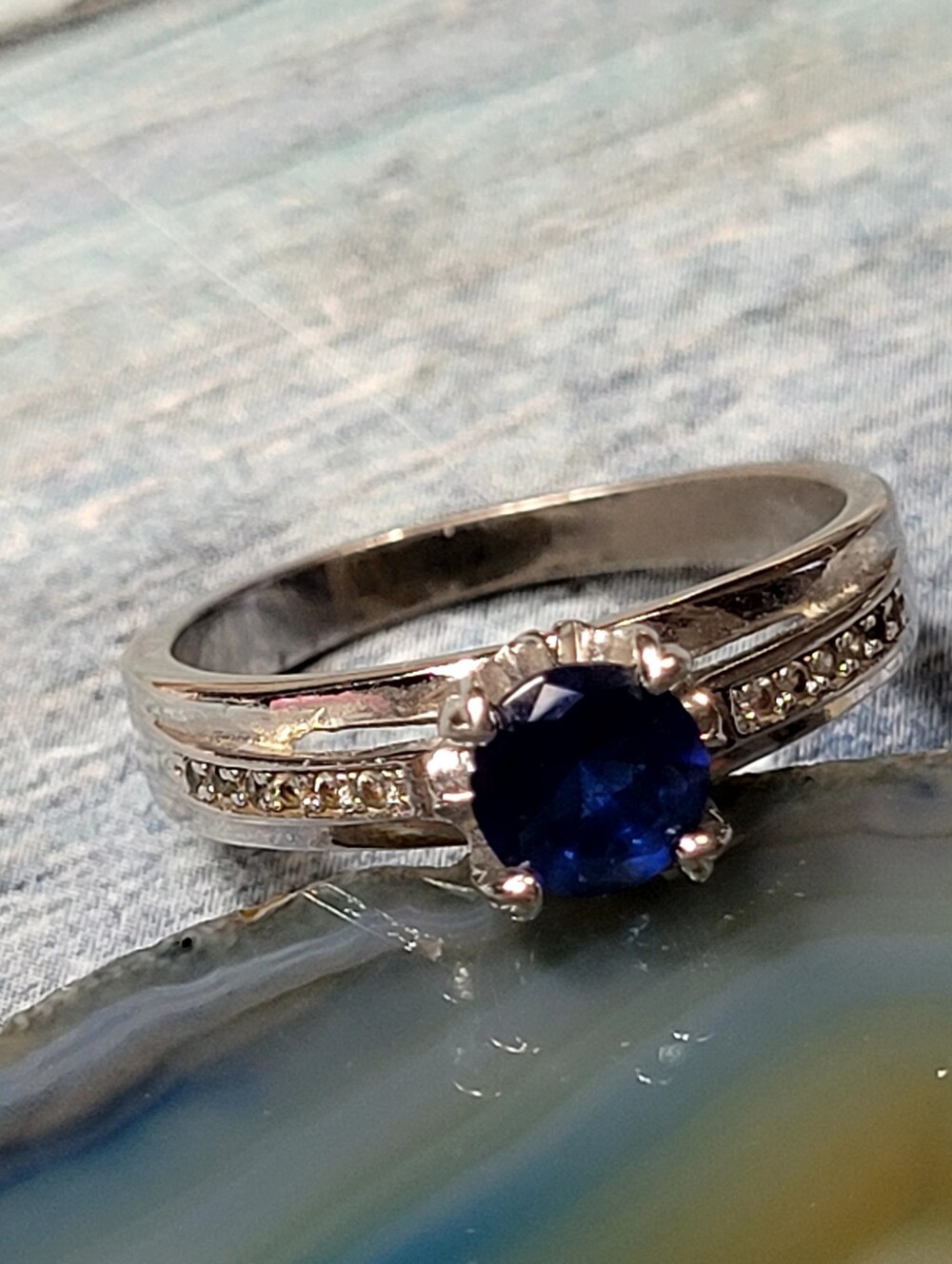 Silver Blue  Solitaire Ring with Accent Stones
